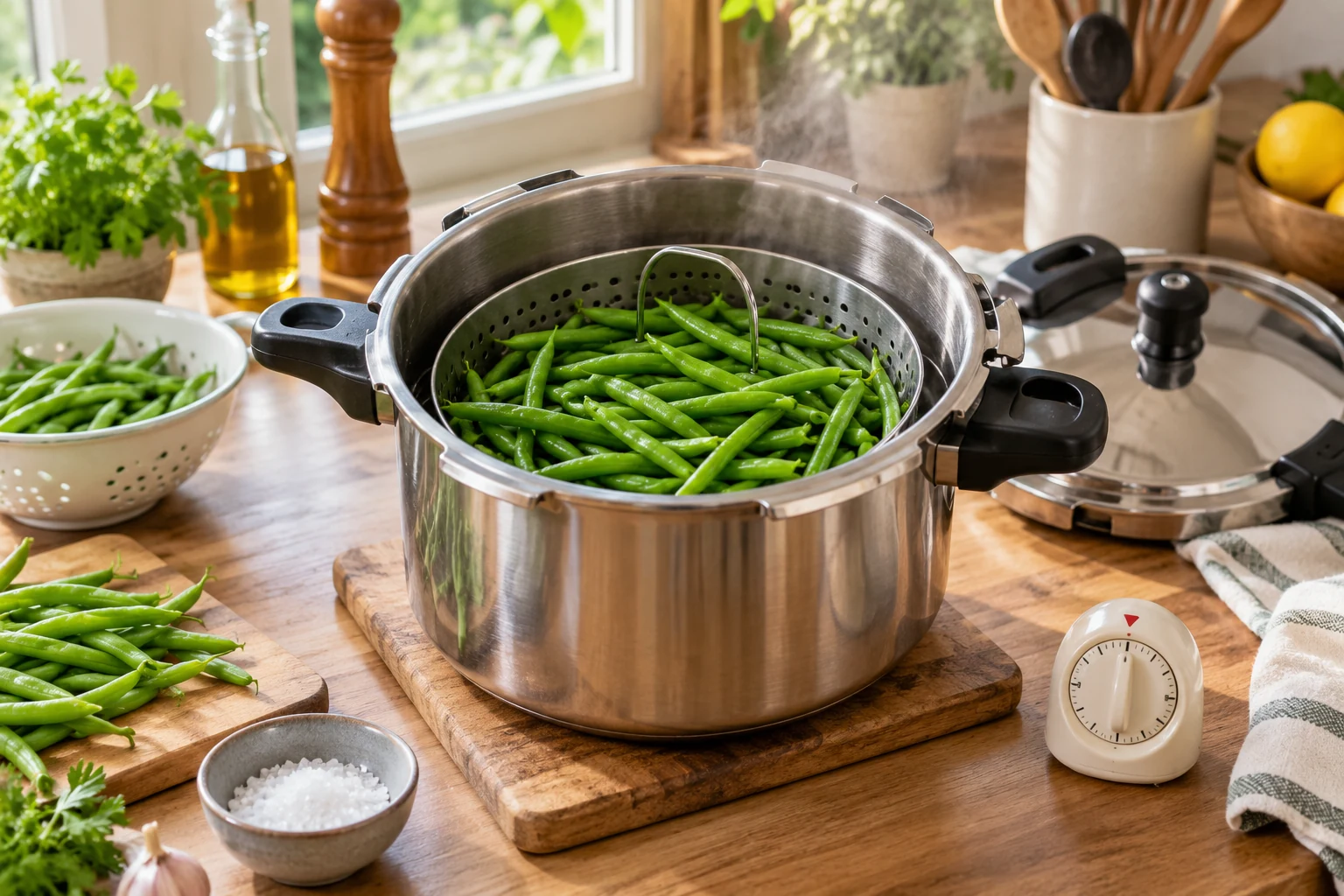 Haricots verts cuits dans le panier d’une cocotte-minute ouverte.
