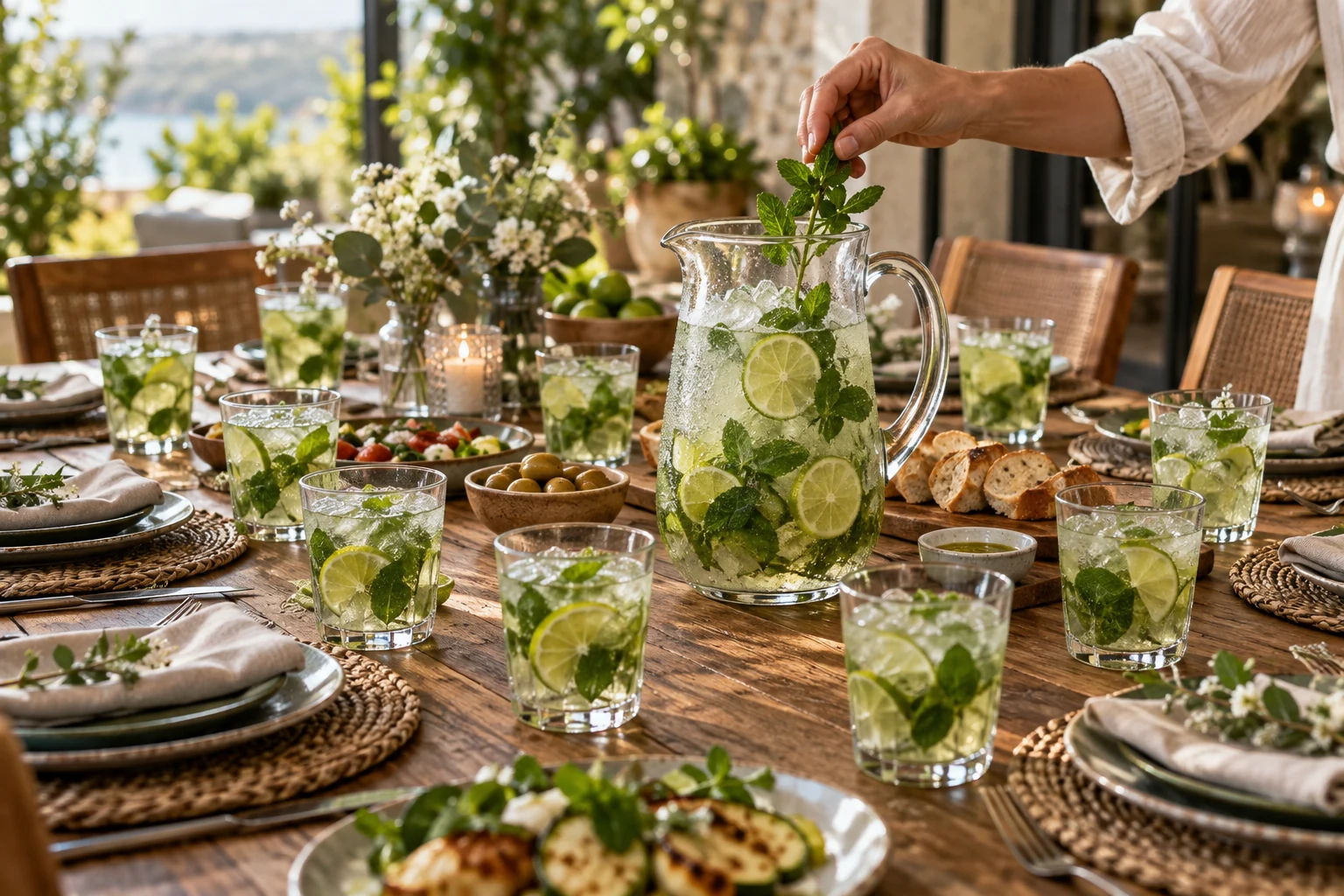 Pichet et verres de mojito Ă la menthe et au citron vert sur une table conviviale.