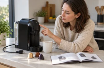 Machine à café à capsules générique débranchée examinée près de sa notice.