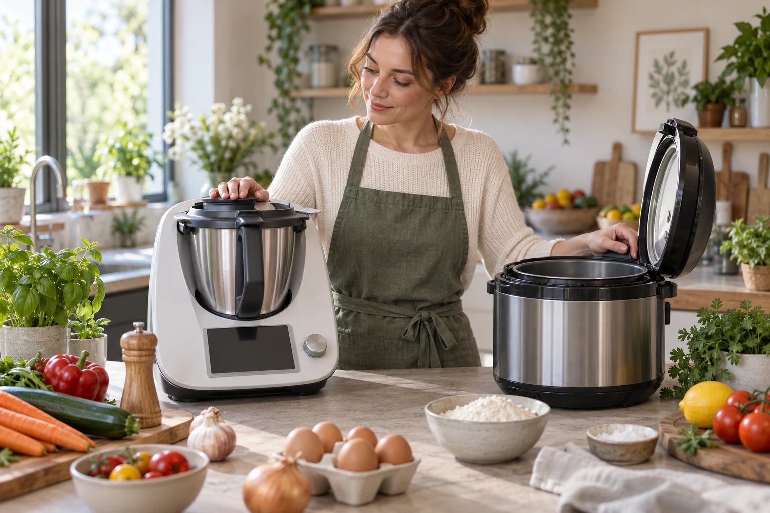 Deux robots culinaires génériques comparés dans une cuisine familiale.